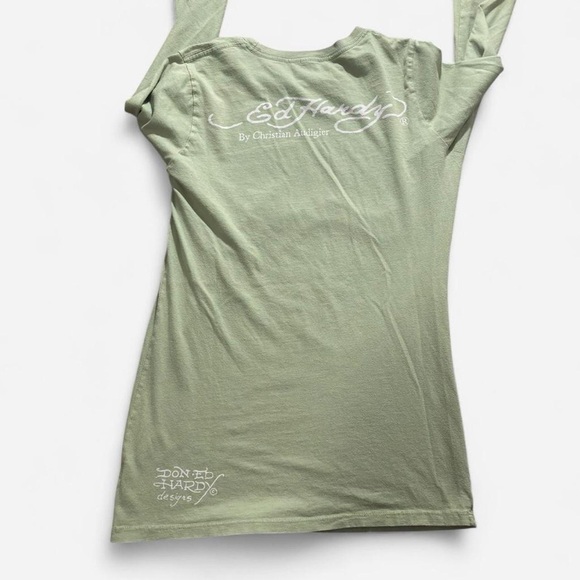 Ed Hardy Light Green Long-Sleeve Graphic Tee with 'Love Kills' Skull - Picture 2 of 5